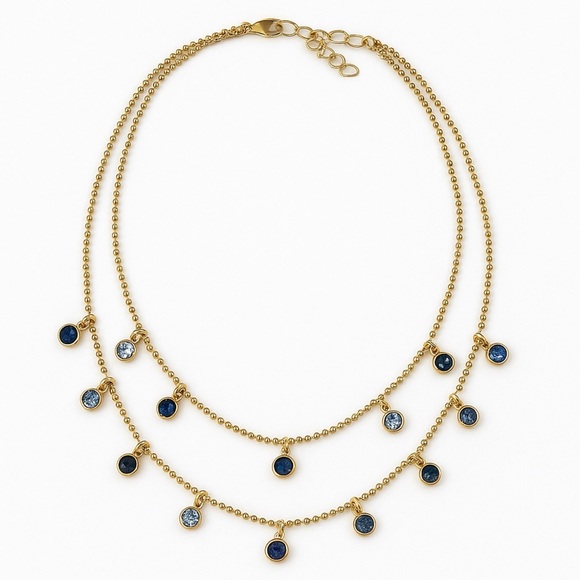 Vintage Jewelry - Gold Triple-Layer Beaded Necklace With Blue Crystals